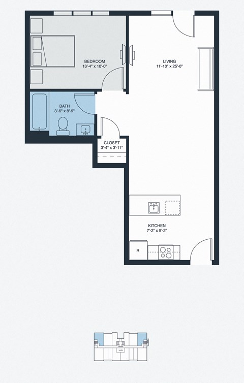 Floor plan for 1 bed, 1 bath, 768 sqft